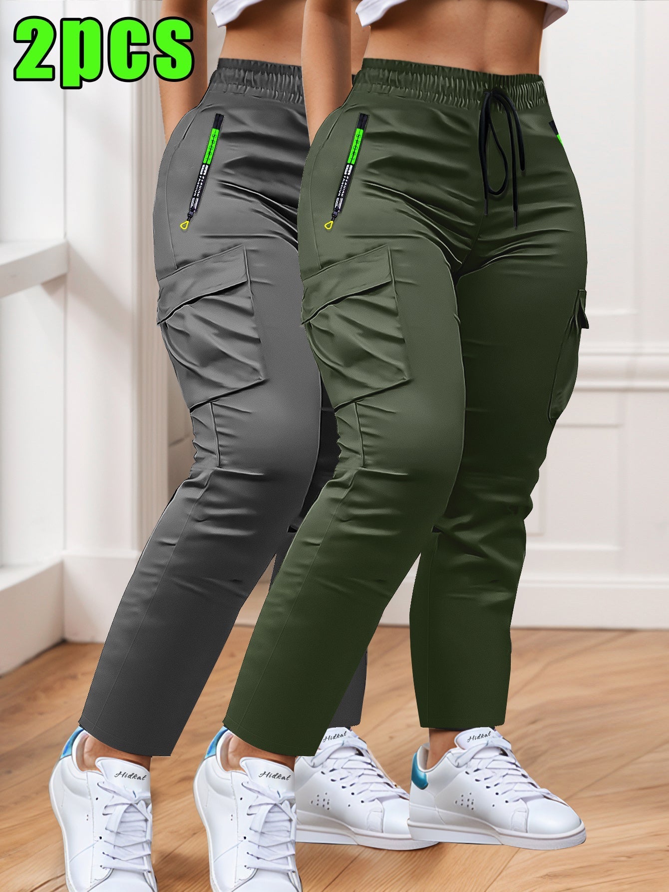 Women's Cargo Pants 2-Pack Multi-Pocket Slim Fit Straight Leg – Drawstring Waist Zip Pockets Casual Trousers for Outdoor Work Everyday Wear XS-XXL