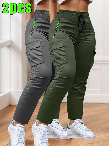 Women's Cargo Pants 2-Pack Multi-Pocket Slim Fit Straight Leg – Drawstring Waist Zip Pockets Casual Trousers for Outdoor Work Everyday Wear XS-XXL