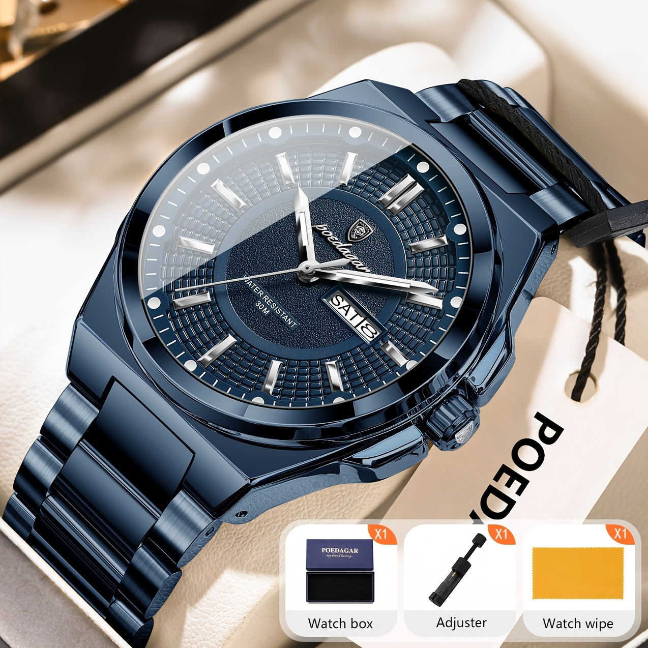 POEDAGAR Men's Quartz Watch Waterproof Luminous Stainless Steel Wristwatch with Weekly Calendar Display – Classic Elegant Design, Perfect Gift for Men, Multiple Color Options