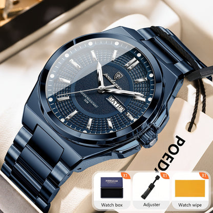 POEDAGAR Men's Quartz Watch Waterproof Luminous Stainless Steel Wristwatch with Weekly Calendar Display – Classic Elegant Design, Perfect Gift for Men, Multiple Color Options