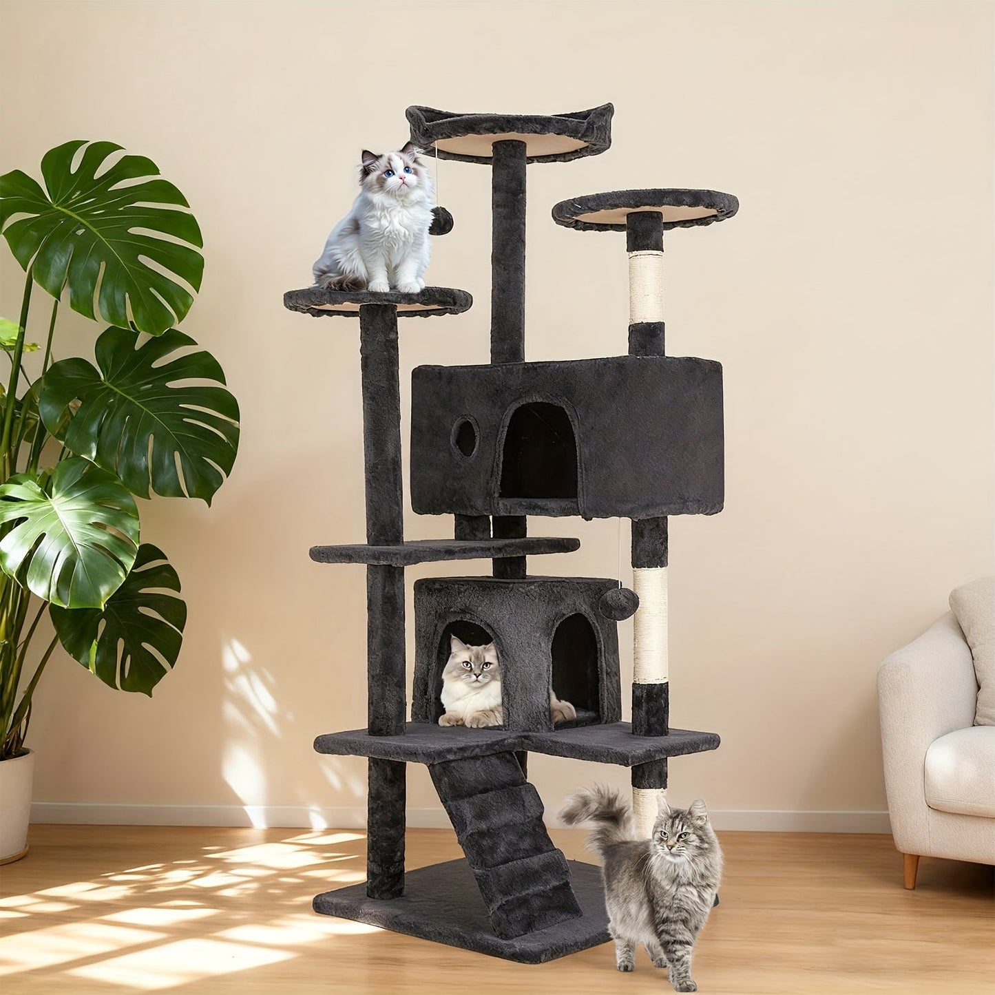 Multi-Level Cat Tree Tower with Scratching Post, Perches & Plush Apartments – Space-Saving Indoor Cat Climbing Frame & Activity Center, Heights 36–80 Inch, 6 Colors