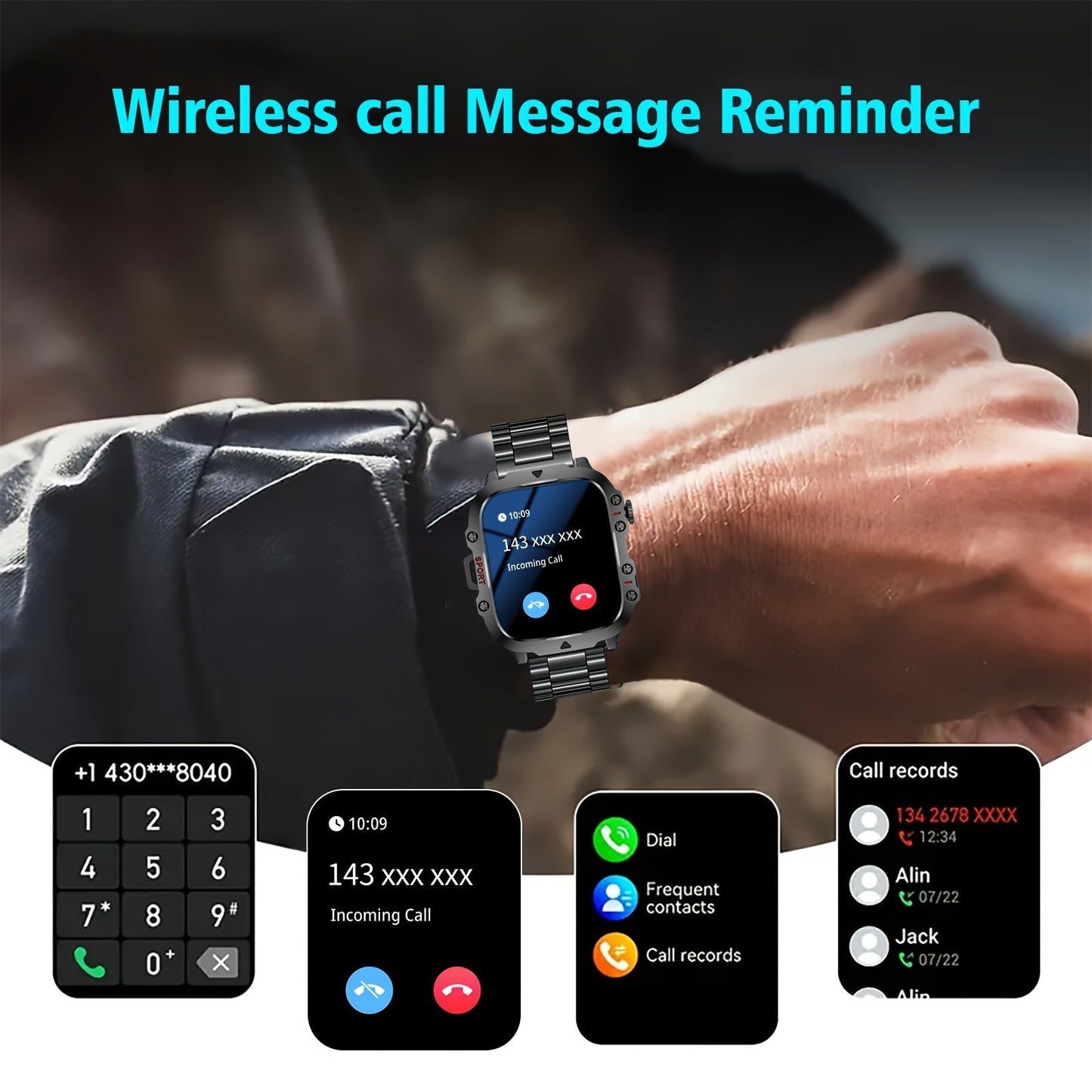 Men's Outdoor Smart Watch 1.81 Inch HD Touchscreen Wireless Calling LED Multiple Sports Modes USB Charging Fitness Tracker Compatible with Android iPhone Silicone Stainless Steel Band Black Gold