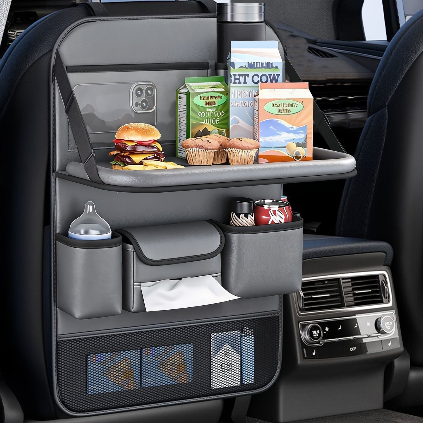 Car Seat Back Organizer PU Leather – Multifunctional Back Seat Storage Bag with Foldable Dining Table, Cup Holder & Travel Pockets, Universal Fit for Cars SUVs Trucks, Road Trip Accessories