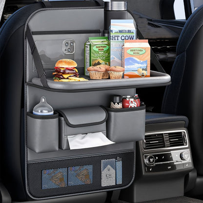 Car Seat Back Organizer PU Leather – Multifunctional Back Seat Storage Bag with Foldable Dining Table, Cup Holder & Travel Pockets, Universal Fit for Cars SUVs Trucks, Road Trip Accessories