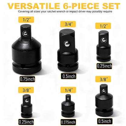 6-Piece Impact Adapter & Reducer Set 1/4" to 3/4" Drive – Chrome-Moly Steel Female-to-Male Air Square Drive Conversion Wrench Kit with Ball-Retaining Lock & Protective Cover for Auto Repair