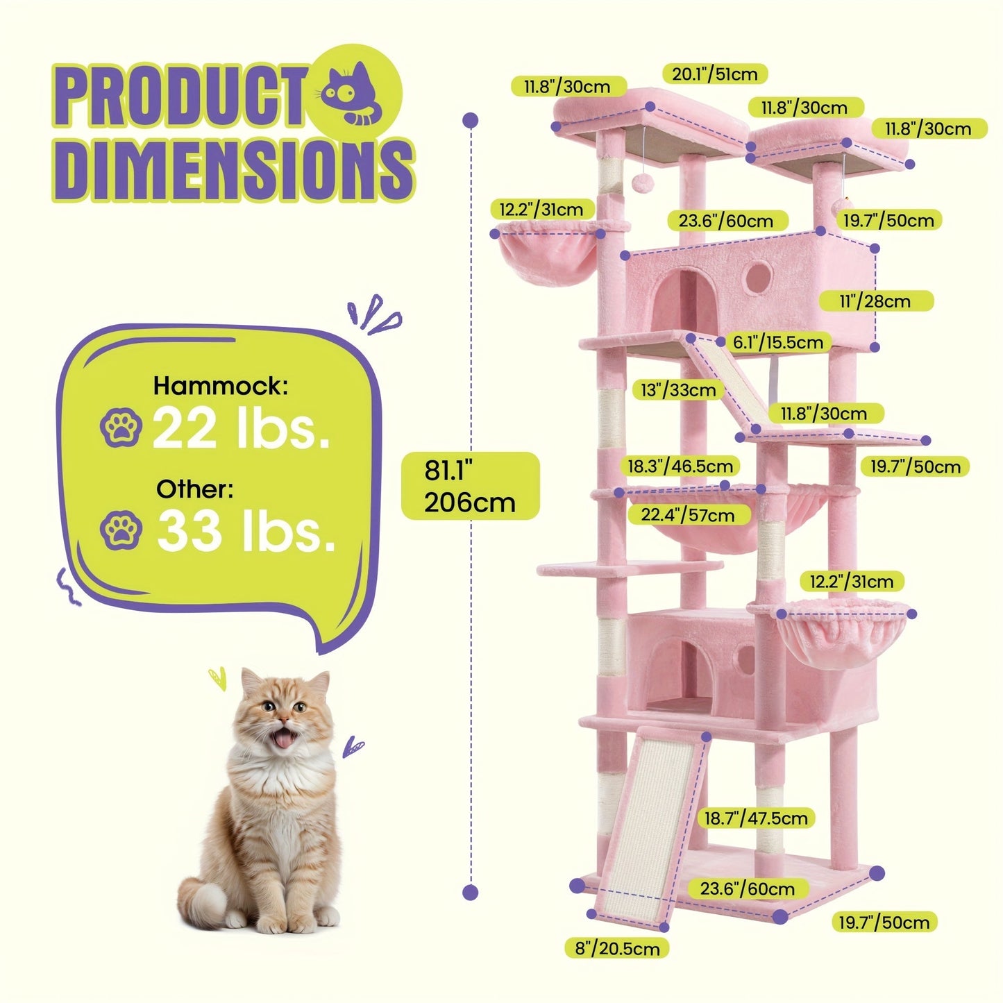 WEEWAY Corner Cat Tree Tower for Indoor Cats 36–81 Inch – Multi-Level Cat Furniture with Sisal Scratching Posts, Condo Cave, Hammock, Ramps, Plush Perches, Basket & Pompom Toys, Perfect Cat Gift