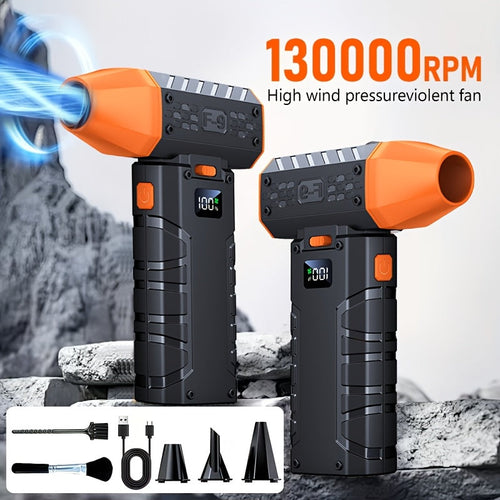 130000 RPM Turbo Fan Blower with USB-C Fast Charging, Smart Display & LED Light – 100 Wind Speed Settings for Car Cleaning, Dust Removal, Leaf Blowing, BBQ & Cooling – Black & Orange