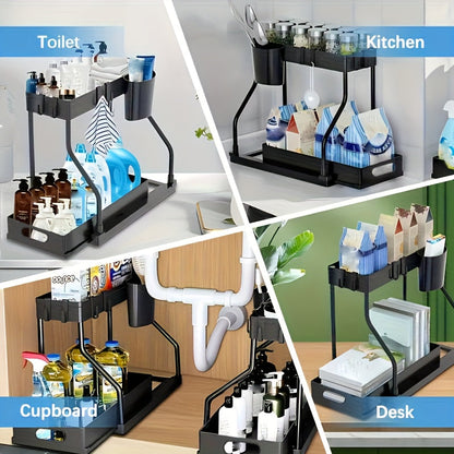 2Pcs Under Sink Organizer with Pull-Out Sliding Shelves – Durable Cabinet Storage Rack for Bathroom & Kitchen, Space-Saving Vertical Under-Sink Organization, Available in Black & White