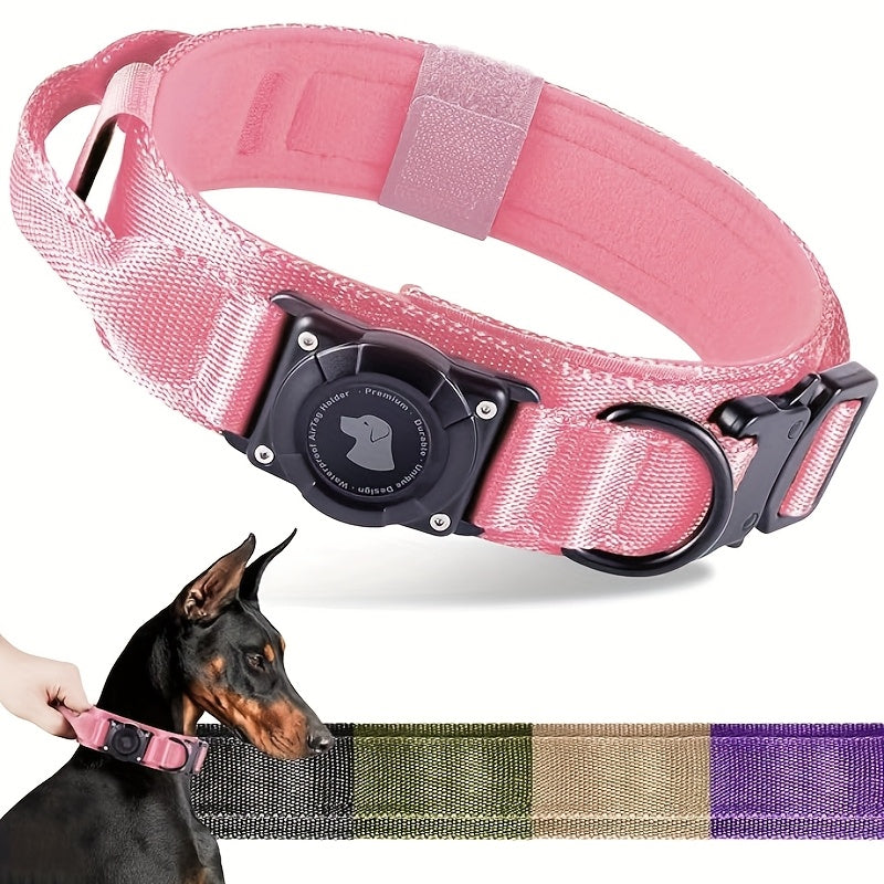 Tactical Dog Collar with AirTag Holder & Handle – Heavy Duty PC Nylon, Adjustable M/L/XL for Medium Large Dogs, Military Style Training Collar with Control Handle