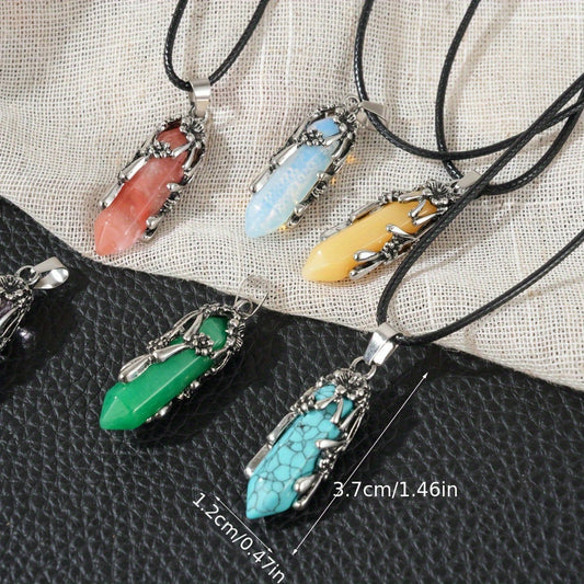 20pcs Natural Stone Hexagonal Column Pendant & Rope Necklace DIY Set – Boho Vintage Gemstone Pendants for Jewelry Craft Making, 10 Wrapped Flower Pendants + 10 Rope Necklaces, Perfect Gift