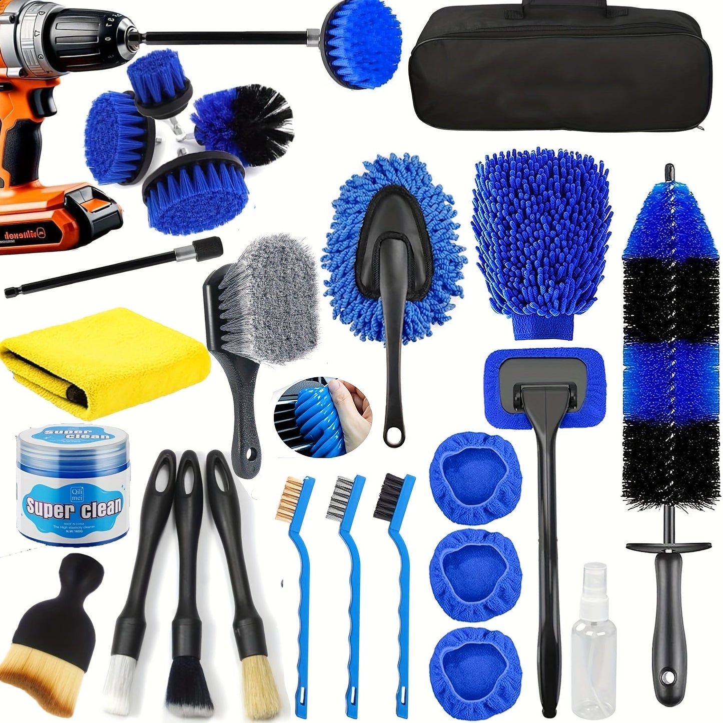 26PCS Car Detailing Brush Set – Complete Car Cleaning Kit with Drill Brushes, Wash Mitt, Tire Brush, Window Squeegee, Cleaning Gel & Storage Bag for Interior Exterior Wheels Vents Professional Auto Care