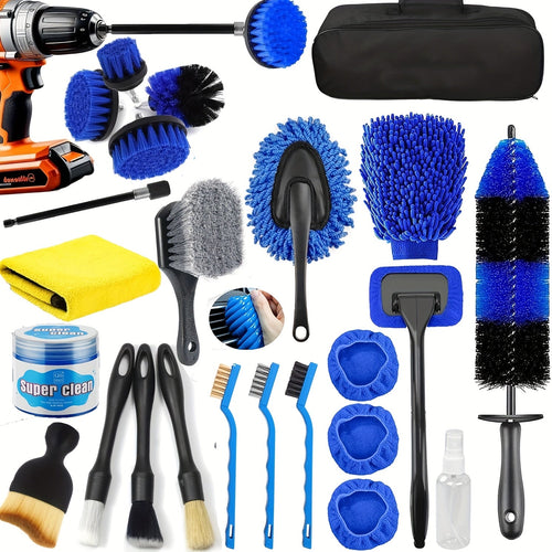 26PCS Car Detailing Brush Set – Complete Car Cleaning Kit with Drill Brushes, Wash Mitt, Tire Brush, Window Squeegee, Cleaning Gel & Storage Bag for Interior Exterior Wheels Vents Professional Auto Care