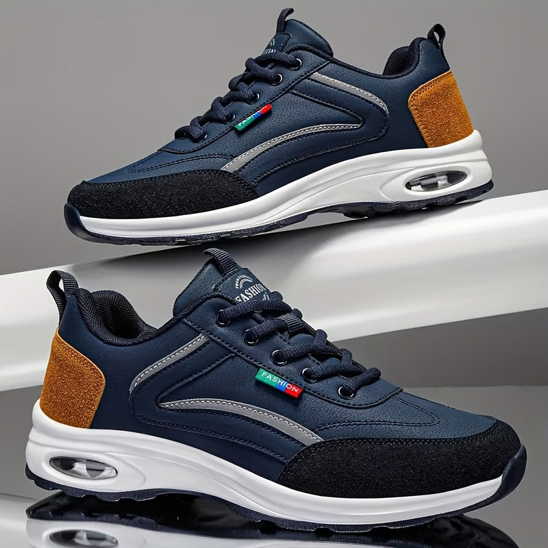 Men's Fashion Sneakers Lace-Up – Non-Slip Soft Sole Casual Running Shoes, PU Upper, Comfortable Lining, Lightweight for Outdoor Sports, Walking & Everyday Wear – Available in Blue, Black & White