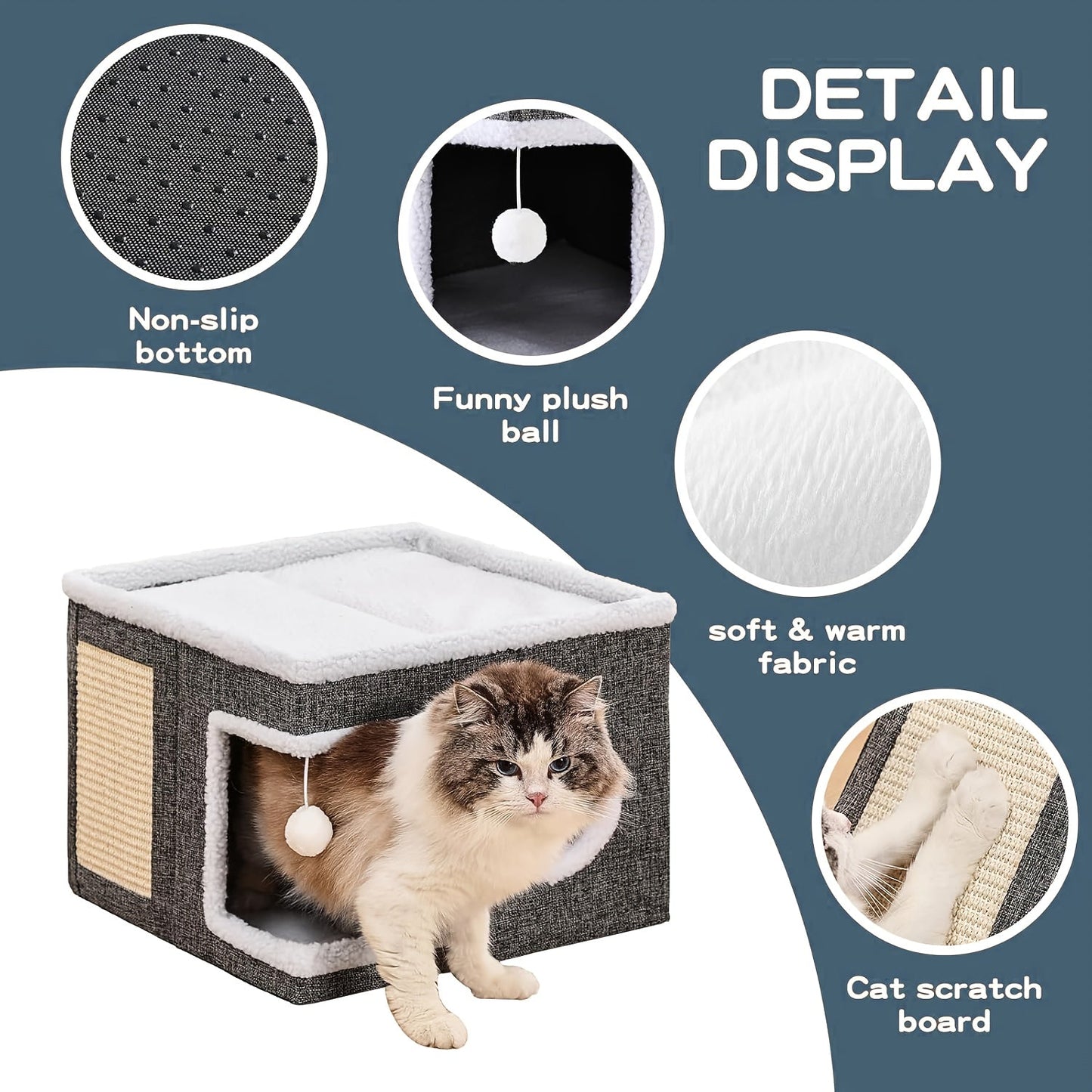 Luxury Multi-Level Cat House Indoor Outdoor 2-Layer Bed Toy Tunnel Foldable Sofa Cat Scratching Board Climbing Rope Soft Cushion Cat Play Cube Weatherproof Nylon Frame Cat Arch Stairs