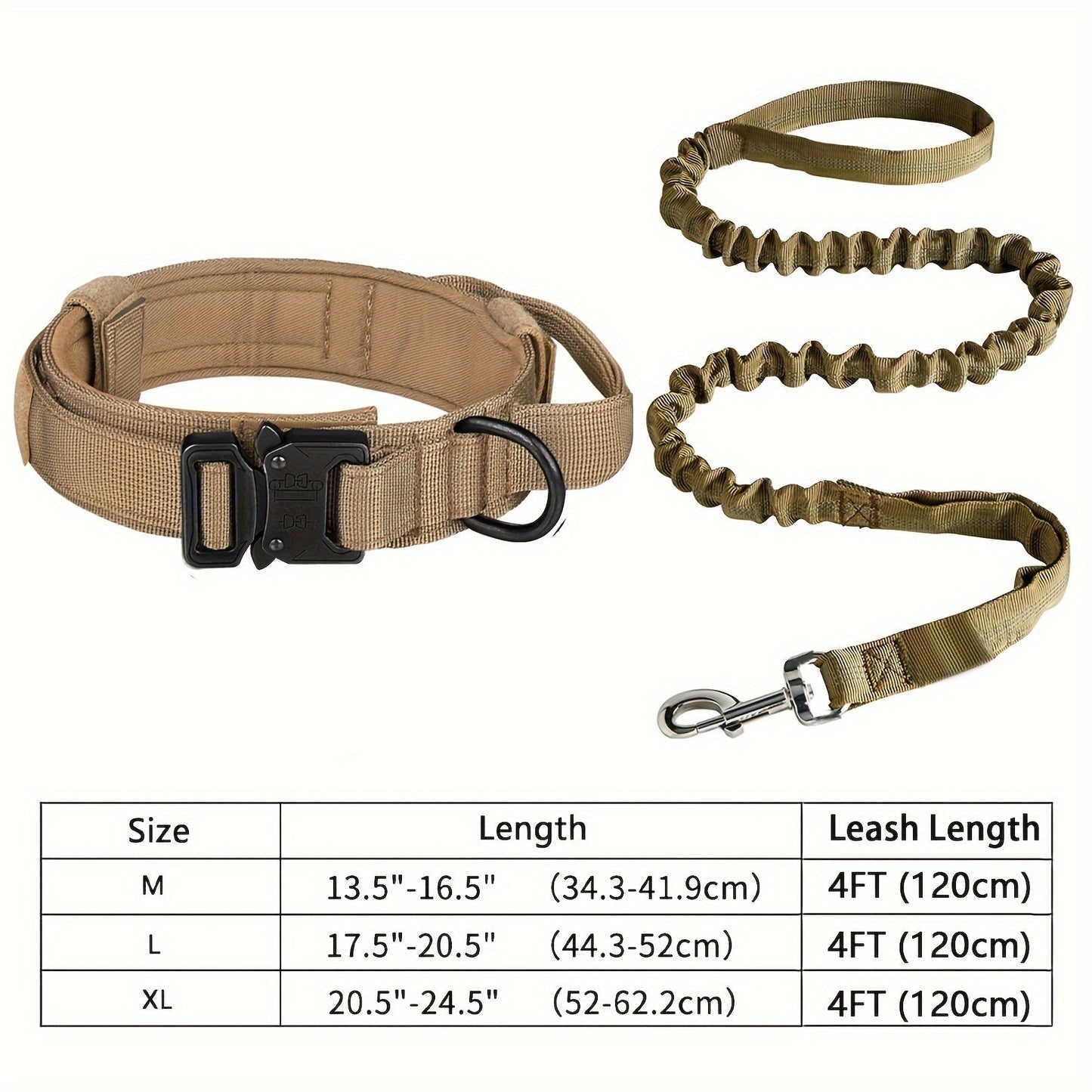 Tactical Dog Collar & Leash Set – Heavy-Duty Adjustable Polyester with Metal Buckle & D-Ring for All Dog Sizes, Military-Style Training Collar and Leash in Black & Khaki, Sizes M & L
