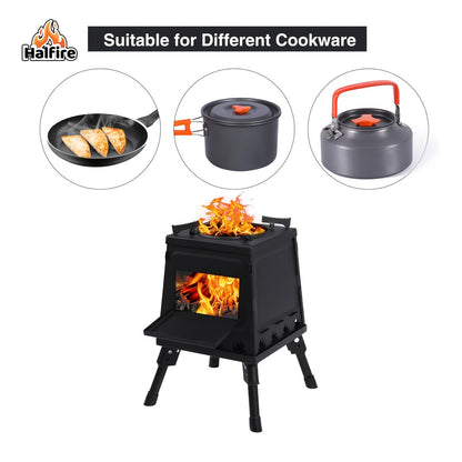 Portable Wood Burning Camp Stove – Heavy-Duty Iron Campfire Stove with Sturdy Legs & Air Vents, Firewood & Charcoal Compatible, No Electricity Needed, Outdoor Cooking for Hiking Backpacking BBQ Picnic Travel