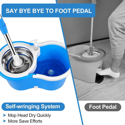 360° Spin Mop and Bucket Set with Wringer – Microfiber Mop Refills, Stainless Steel Extended Handle, Separate Compartment, Floor Cleaning System