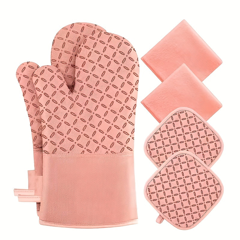 Oven Mitts and Pot Holders Set 6 Piece Heat Resistant Non-Slip Silicone Kitchen Gloves for Baking BBQ Cooking – Includes 1 Pair Mitts & 4 Pot Holders
