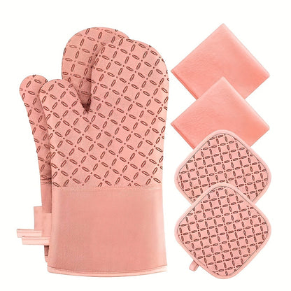 Oven Mitts and Pot Holders Set 6 Piece Heat Resistant Non-Slip Silicone Kitchen Gloves for Baking BBQ Cooking – Includes 1 Pair Mitts & 4 Pot Holders
