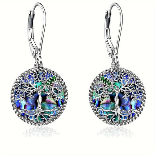 925 Sterling Silver Tree of Life Abalone Shell Dangle Drop Earrings for Women – Boho Spiritual Jewelry Gift Set