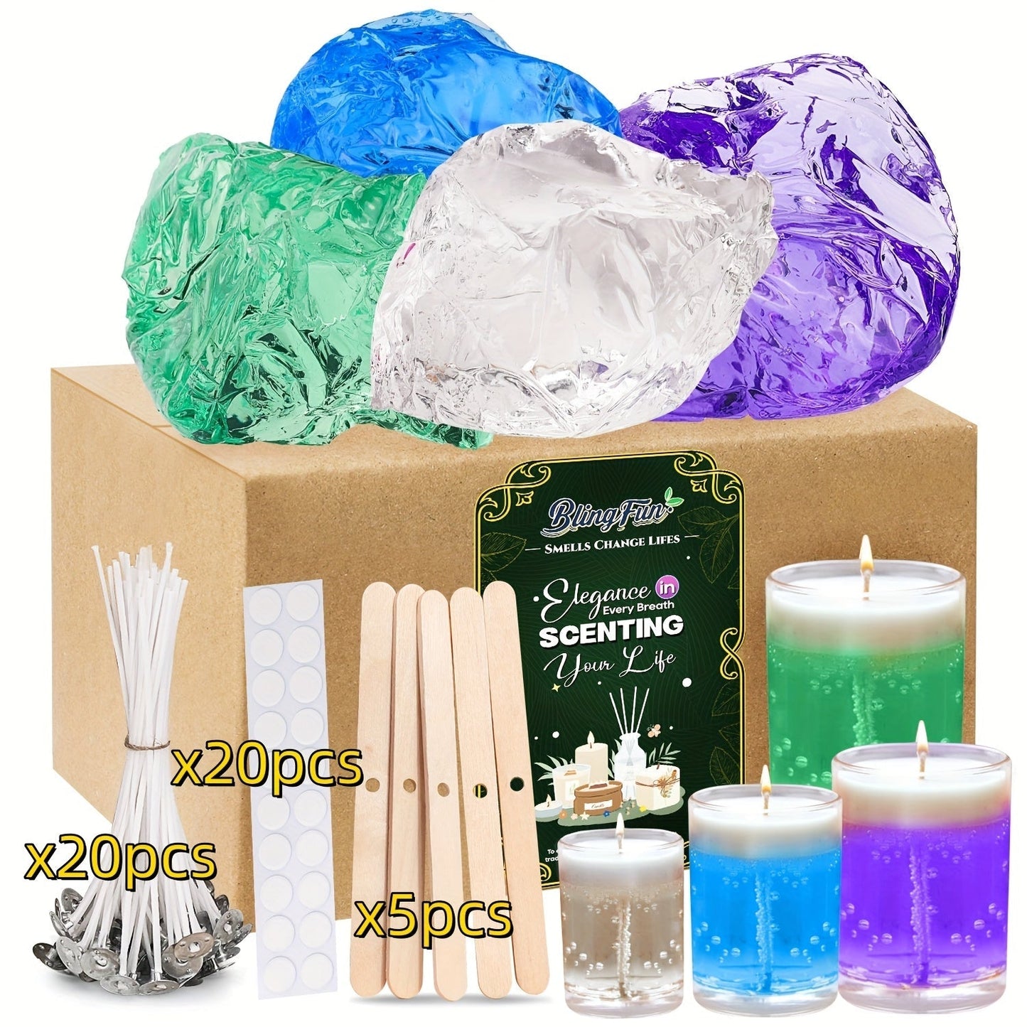 BlingFun Gel Candle Making Kit – 400g Clear Jelly Wax 4 Colors, 20pcs Pre-Tabbed Wicks, 20pcs Stickers, 5pcs Wick Holders, DIY Scented Candle Supplies for Beginners Home Decor Craft Gift