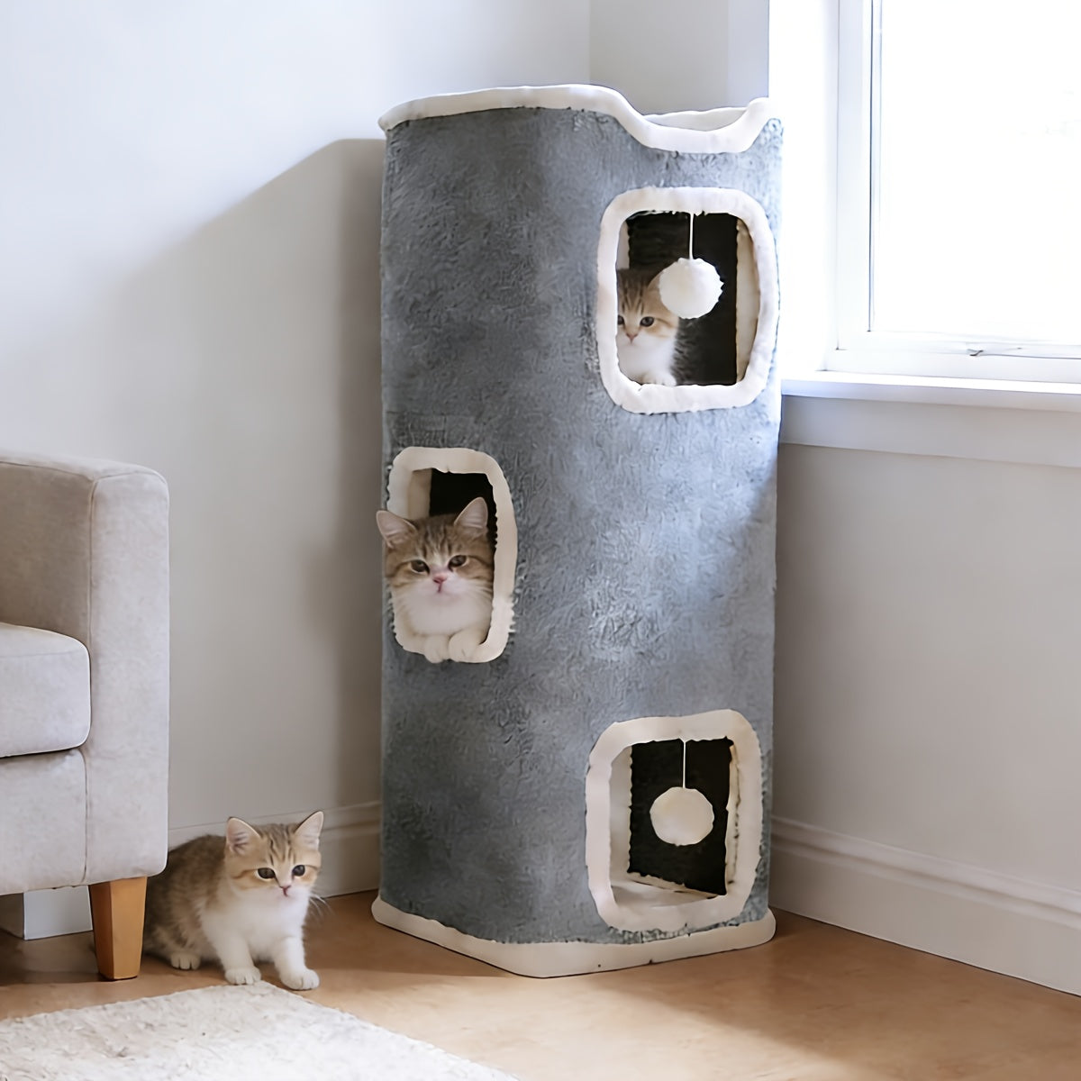 Foldable Multi-Level Cat Tree Tower for Indoor Cats - Scratch-Resistant Cat House with Cozy Top Bed Hideaway and Bell Balls, 1 to 3 Layers Cat Furniture for Climbing Playing and Resting