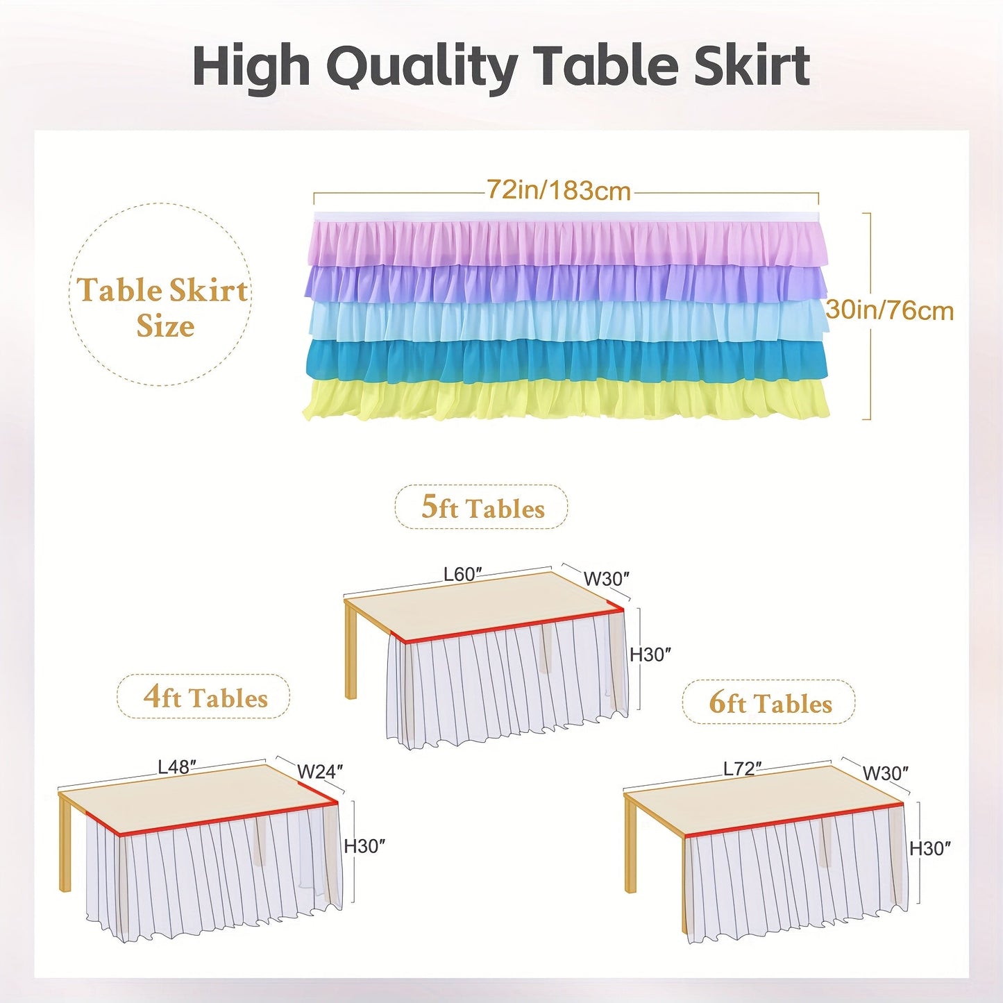 6ft Tulle Tutu Table Skirt – Chiffon Ruffle Table Skirting for Birthday Party, Wedding, Bridal Shower, Girls Party & Holiday Decor – Easy Hook & Loop Install, 12 Colors (72"L x 30"H)