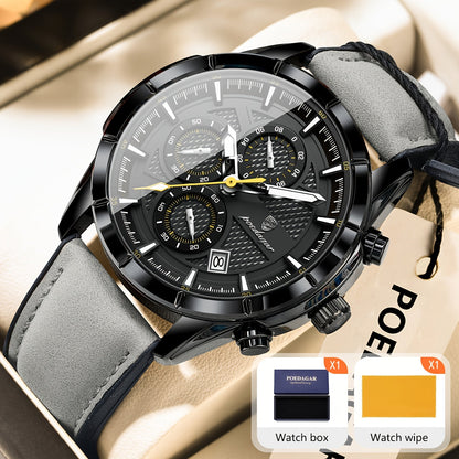 POEDAGAR Men's Waterproof Chronograph Quartz Watch Luminous Leather Strap – Calendar Date Sports Casual Wristwatch Gift for Men Black Brown Black