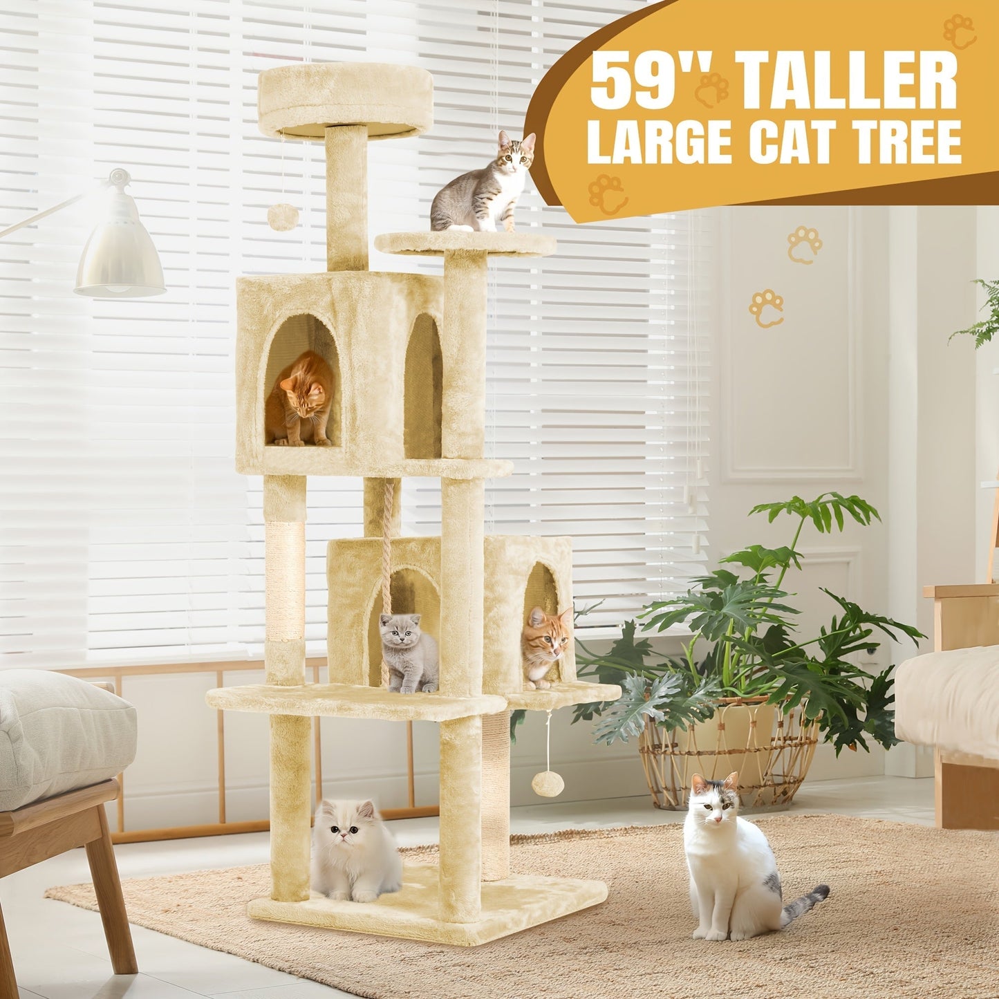 59" Multi-Level Cat Tower for Indoor Cats – Large Cat Tree with Plush Resting Area, Sisal Scratching Post & Hanging Ball Toy – Ideal for Bedroom, Living Room & Multi-Cat Households – Velora