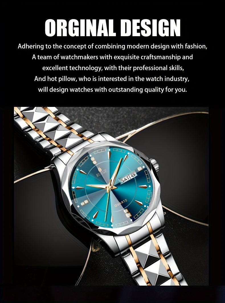 RUIGE Men's Fashion Quartz Watch – Night Light, Dual Calendar, Diamond Shaped Mirror Dial, Stainless Steel Case, Alloy Strap, Business Casual Wristwatch, Perfect Father's Day Gift for Men