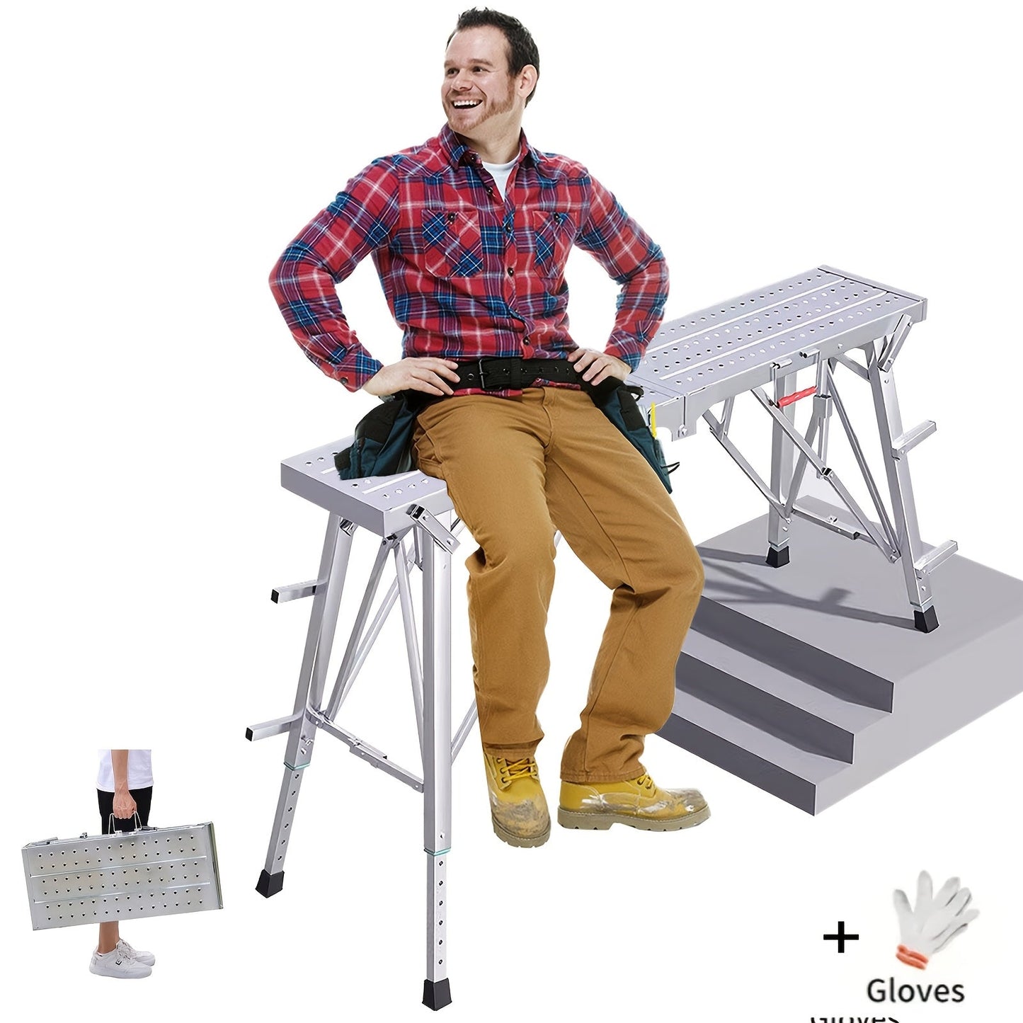 Scaffolding Work Platform 800Lb Heavy Duty Adjustable Height 31.5–49" – Folding Portable Step Ladder with Anti-Slip Feet & Safety Lock for Painting, Drywall, RV Cleaning, Car Washing & Home Decorating
