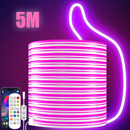 RGB LED Neon Rope Light IP65 Waterproof – App & Remote Control, Music Sync Color-Changing Silicone Strip 3.2ft/9.8ft/16.4ft for Gaming, Bedroom, Indoor & Outdoor Decoration