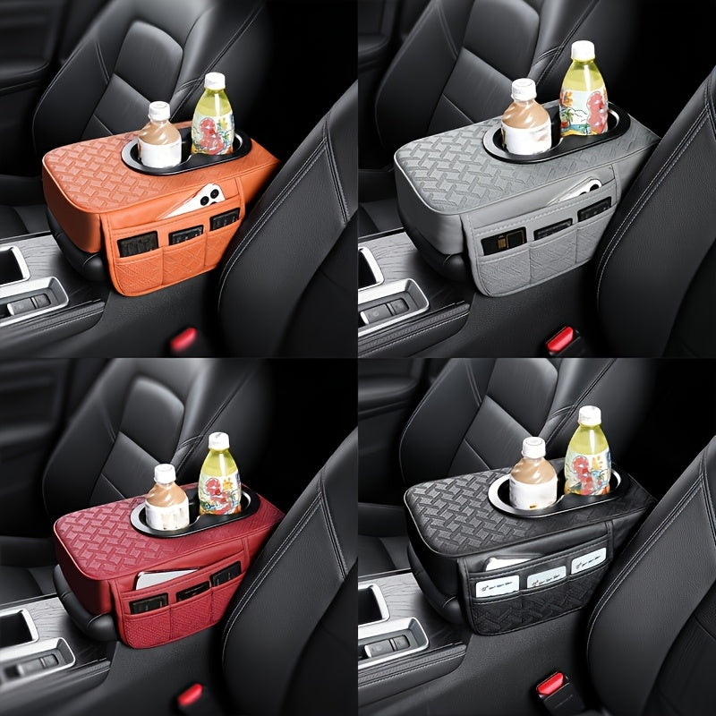 PU Leather Car Center Console Mat & Armrest Box Cover | Universal Fit, 2 Side Pockets, 2 Cup Holders, Phone & Card Storage, Tissue Box Replacement – Black, Grey, Red, Beige, Brown, Cream