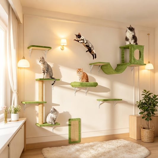 Wall Mounted Cat Climbing Shelf Set 7-Piece – Deluxe Indoor Cat Furniture with Condo, Shelves, Scratching Post, Bridge Ladder & Tunnel for All Cat Sizes