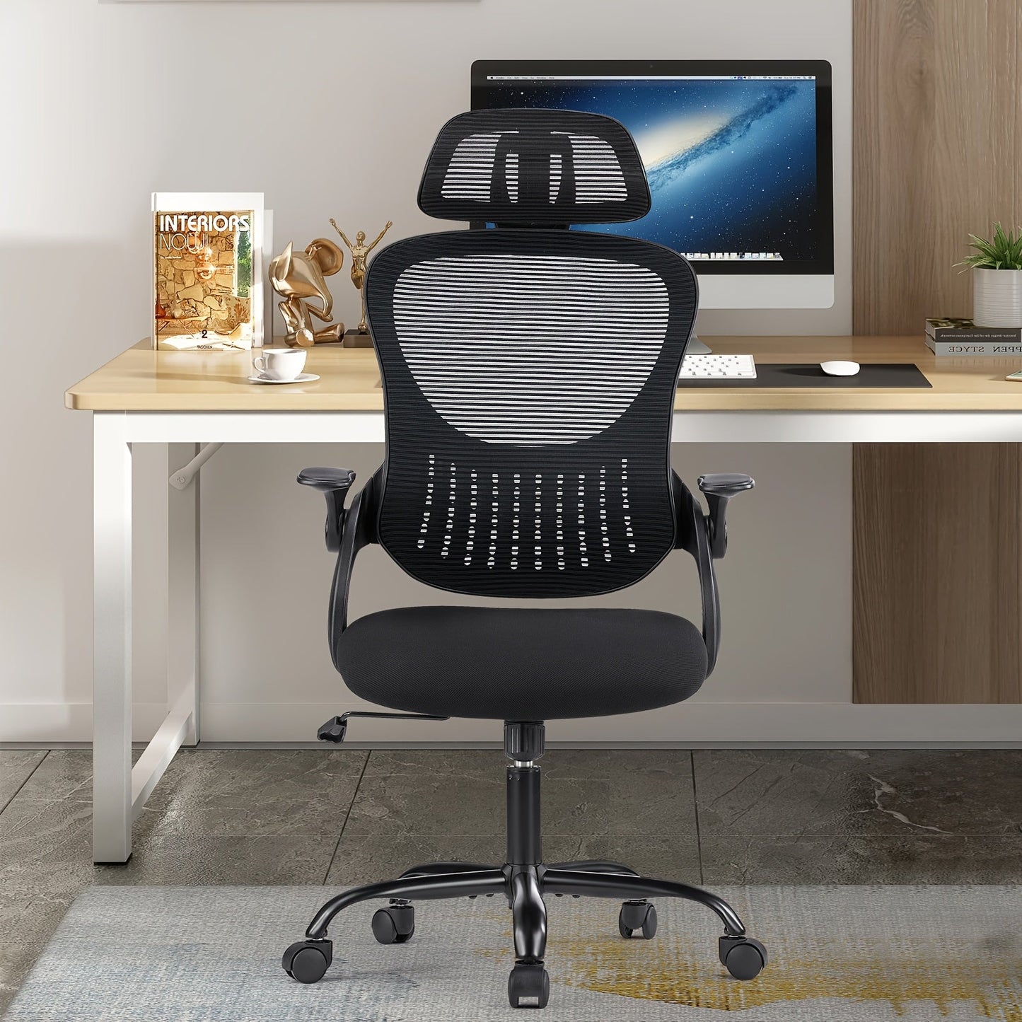 Ergonomic High-Back Mesh Office Chair with Flip-Up Arms Adjustable Headrest Lumbar Support & Wheels - Rolling Computer Desk Chair for Home Office Bedroom Study Pink Grey Black