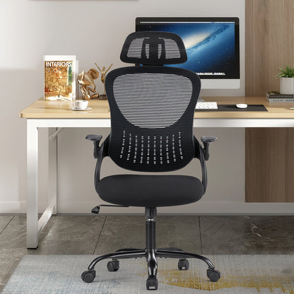 Ergonomic High-Back Mesh Office Chair with Flip-Up Arms Adjustable Headrest Lumbar Support & Wheels - Rolling Computer Desk Chair for Home Office Bedroom Study Pink Grey Black