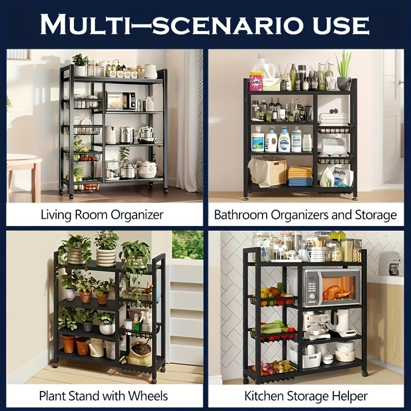 Rolling Metal Storage Cart with Wire Baskets & Wheels – Adjustable 3 or 4 Tier Movable Shelf Rack for Kitchen, Office, Garage & Pantry Organization, Sturdy Metal Organizer Cart with Locking Casters