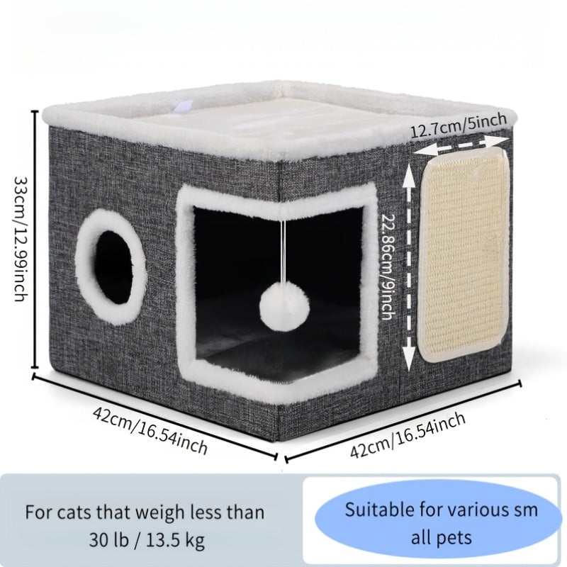 Foldable 2-Tier Cat House with Scratching Post, Plush Hanging Ball & Tunnel – Indoor Cat Cube Bed, Nylon Frame Canvas Construction, Space-Saving 16.5x16.5x13 Inch Design for Small Spaces