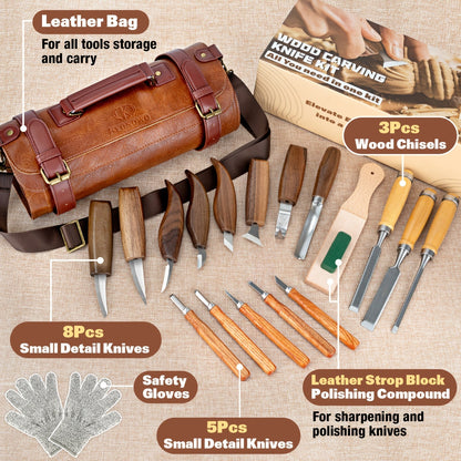 Wood Carving Knife Set PU Case 15-23 Piece Whittling Kit Chisel Hook Detail Geometric Knife Safety Gloves Leather Strop Basswood Block Art Craft Gift