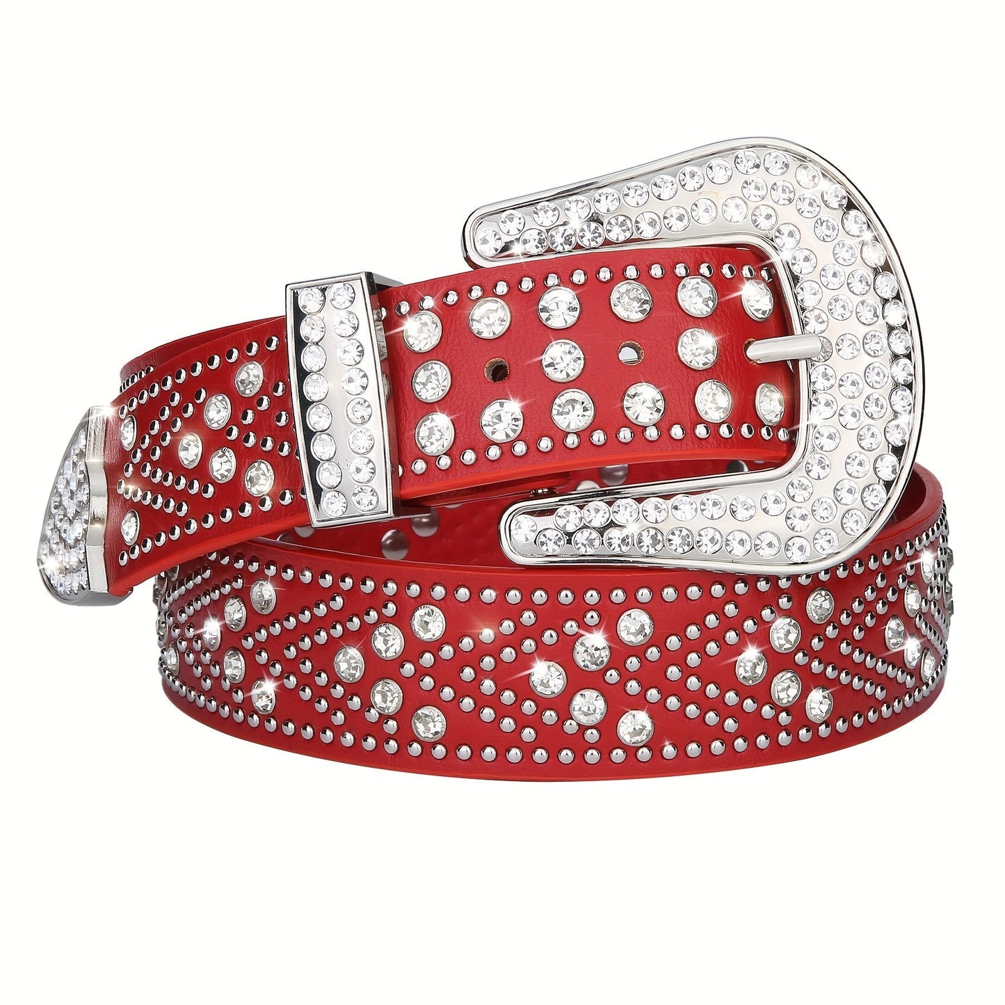 Studded Rhinestone Belt for Men & Women – Bling Y2K Western Cowboy Cowgirl Faux Leather Belt with Gold Metal Buckle, Punk Style, Sizes 28–44