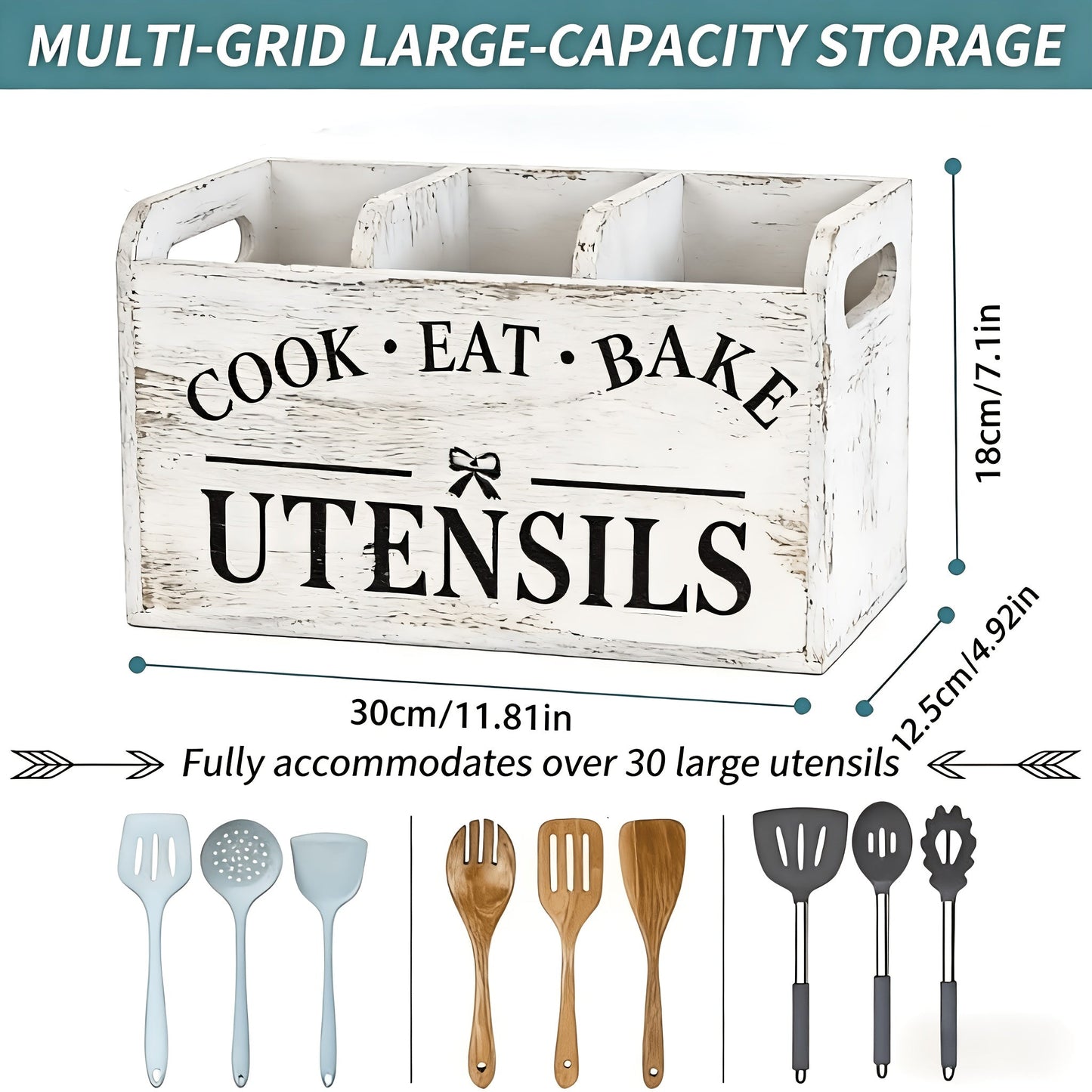 Extra Large Rustic Wooden Utensil Organizer 3-Compartment – Countertop & Wall-Mounted Kitchen Caddy for Cooking & Baking Tools, Heavy-Duty Natural Wood Kitchen Storage Rack