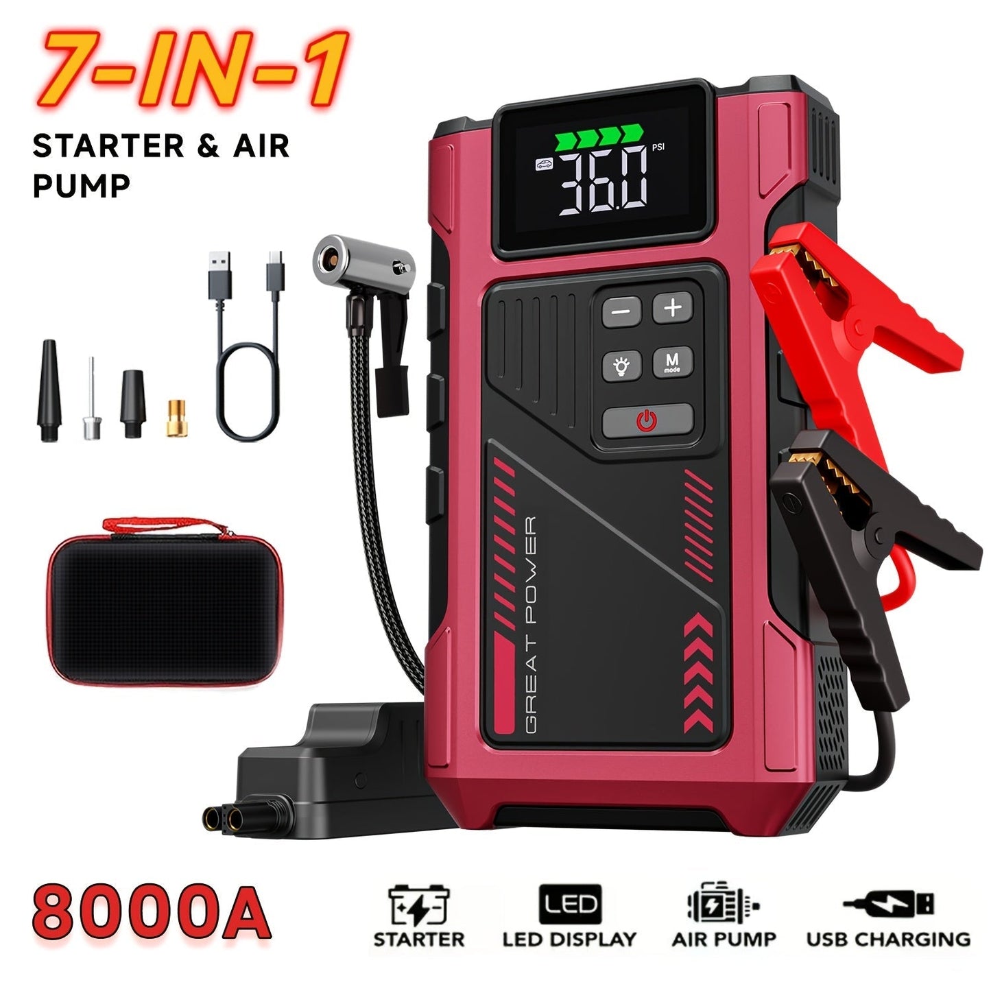 8000A Portable Jump Starter with Air Compressor – 12V Battery Booster for 8.0L Gas & 6.5L Diesel, USB Ports, LED Flashlight, Jump Box for Cars, Trucks & SUVs