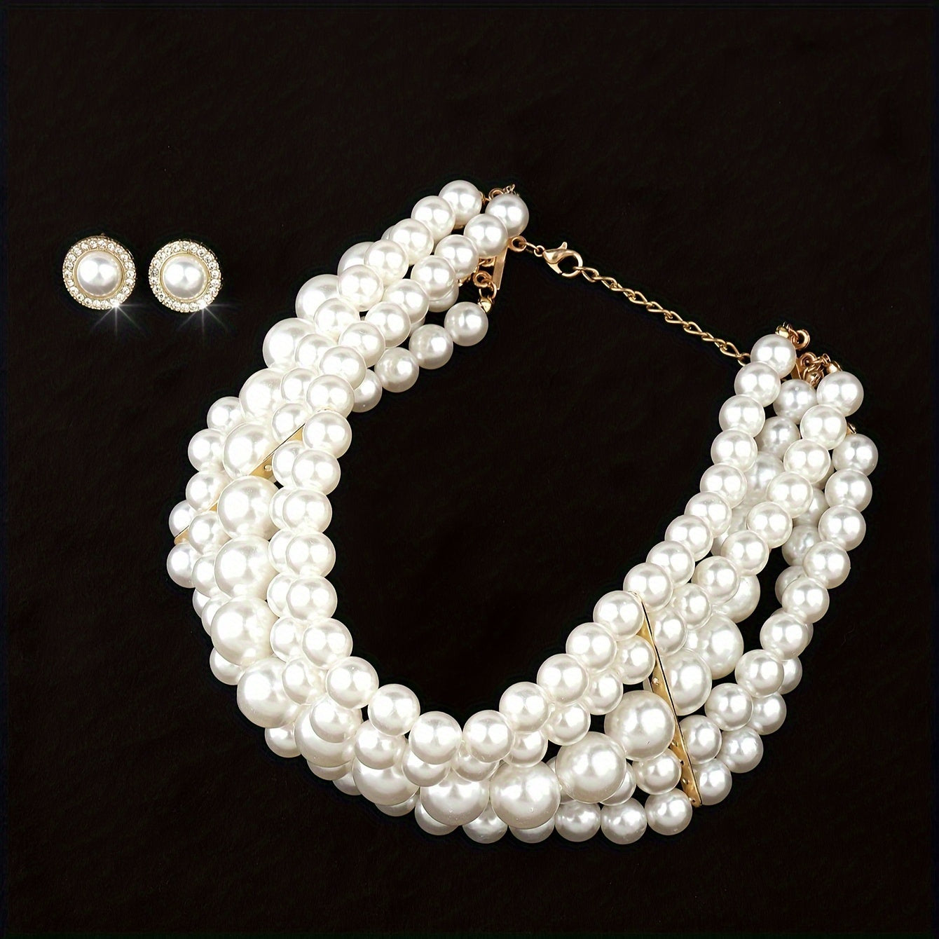French Style Pearl Multi-Layer Necklace and Round Geometric Earrings Jewelry Set Gold Tone Elegant Women Banquet Wedding Gift