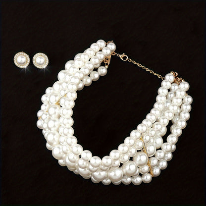 French Style Pearl Multi-Layer Necklace and Round Geometric Earrings Jewelry Set Gold Tone Elegant Women Banquet Wedding Gift