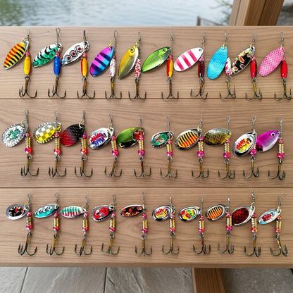 Spinnerbait Fishing Lures 30-Pack – Heavy-Duty Metal Spoon Jig Set for Bass Trout Pike Musky, Multi-Color Saltwater Freshwater Artificial Bait