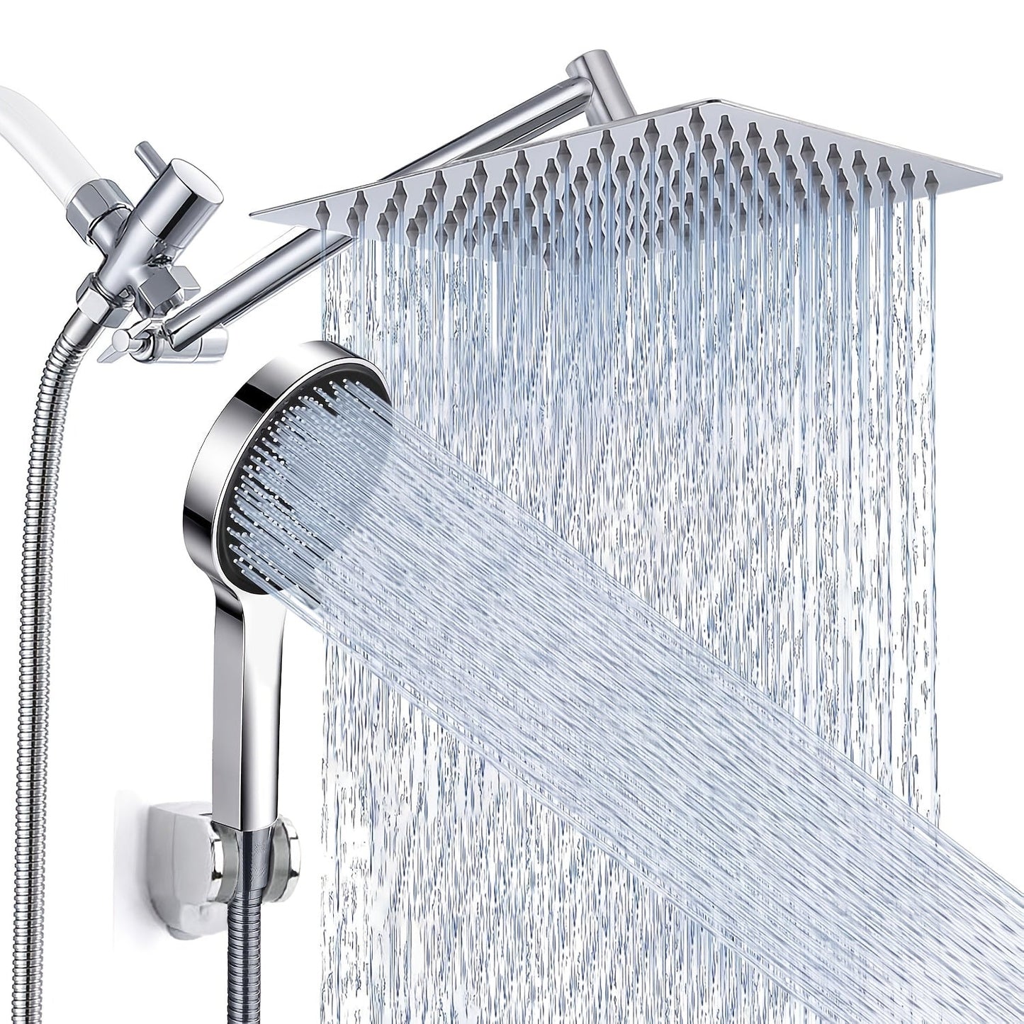 High Pressure Rainfall Handheld Shower Head Combo 11-Inch Extension Arm 9 Settings Anti-Leak Height Adjustable Chrome Matte Black