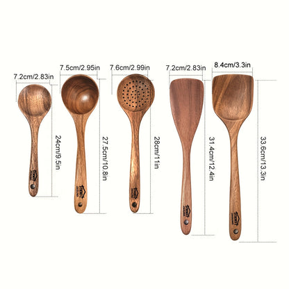 Wooden Kitchen Utensils Set 3/5/7 Piece, Natural Wood Spoons Spatulas Spurtle Ladle & Wok Spatula with Ergonomic Handles, Heat-Resistant Non-Stick Safe Heavy-Duty Cooking Tools for Home Kitchen