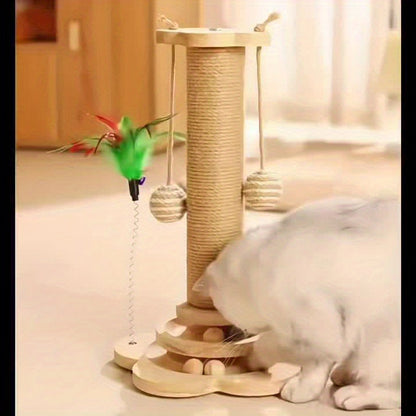 Multi-Level Cat Scratching Post Premium Sisal with 6 Wooden Toy Balls 2 Hanging Balls 2 Feather Teaser Toys Non-Slip Base Interactive Cat Tree for Indoor Cats Kittens