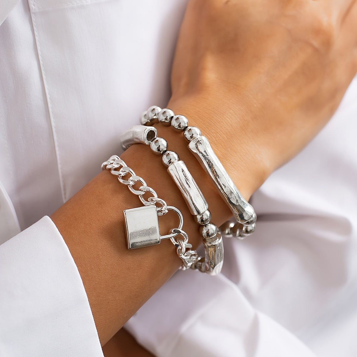 3pcs 925 Sterling Silver Beaded Punk Bracelet Set with Lock Pendant – Exquisite Stackable Edgy Silver Wrist Jewelry for Women Men Teens, Party Festival Daily Wear Gift