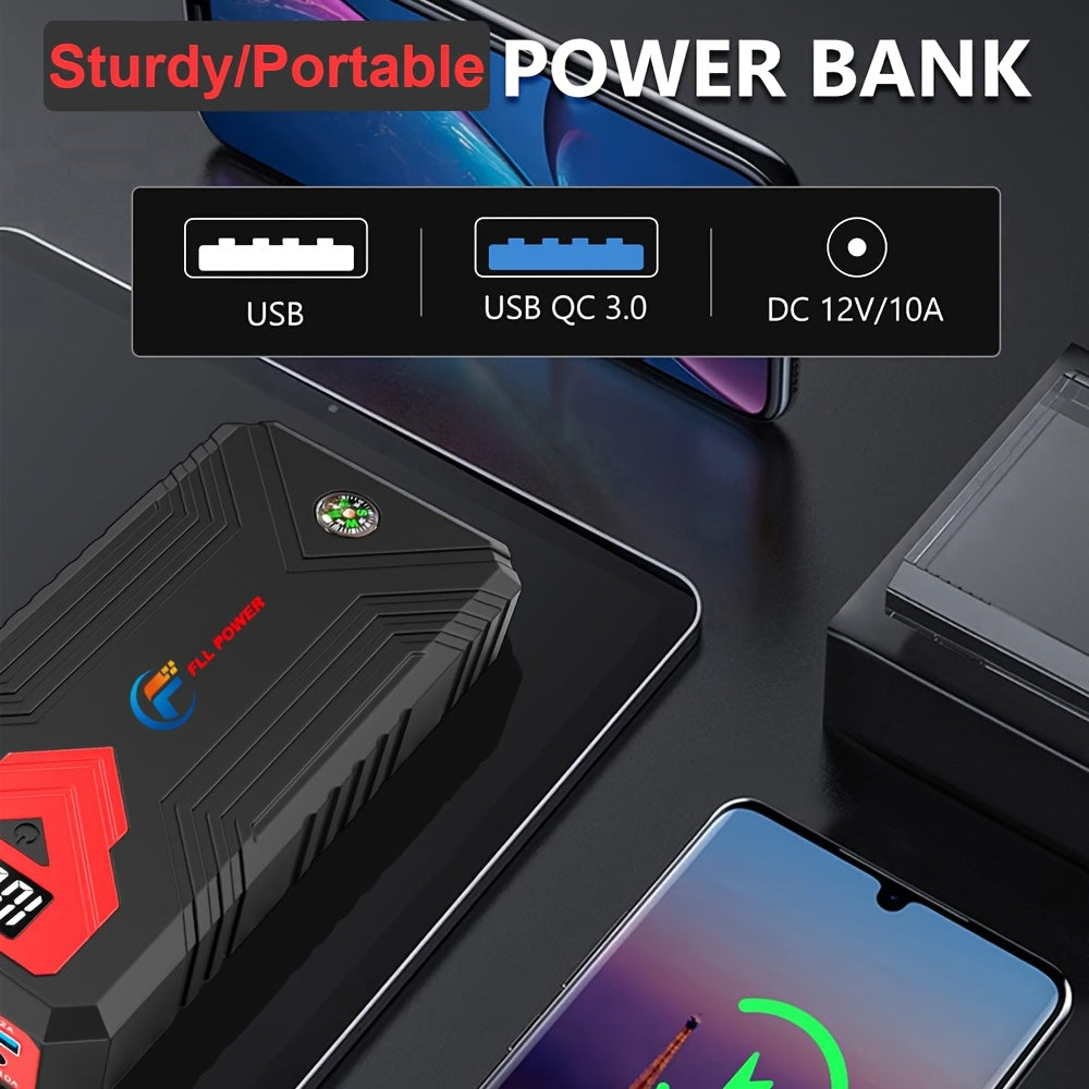 Portable Car Jump Starter Power Pack 1600A–3000A 12V Battery Booster – Compact Emergency Start for Gas & Diesel Engines with USB Charge Ports & LED Flashlight